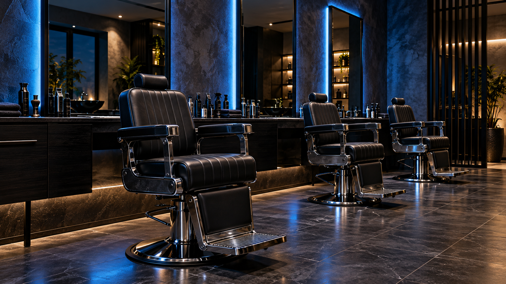Interior de uma barbearia moderna com cadeiras de couro e iluminação azul